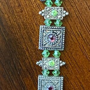 Elegant Patina Silver, Green & Purple Bracelet w crystal beads